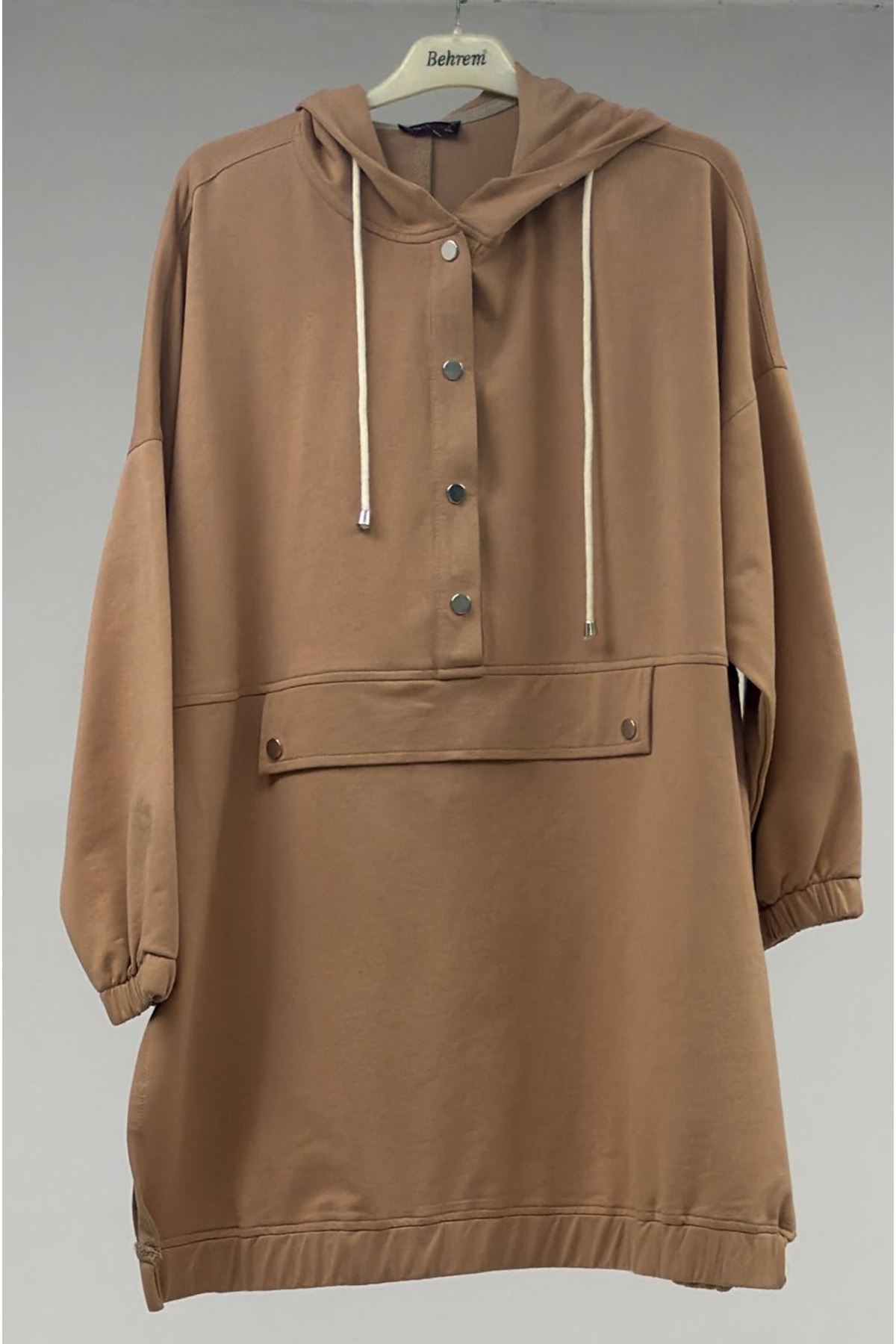 T-47089 Büyük Beden Yarım Patlı Kapşonlu Pantolonlu Modal Takım Üstü - Bej