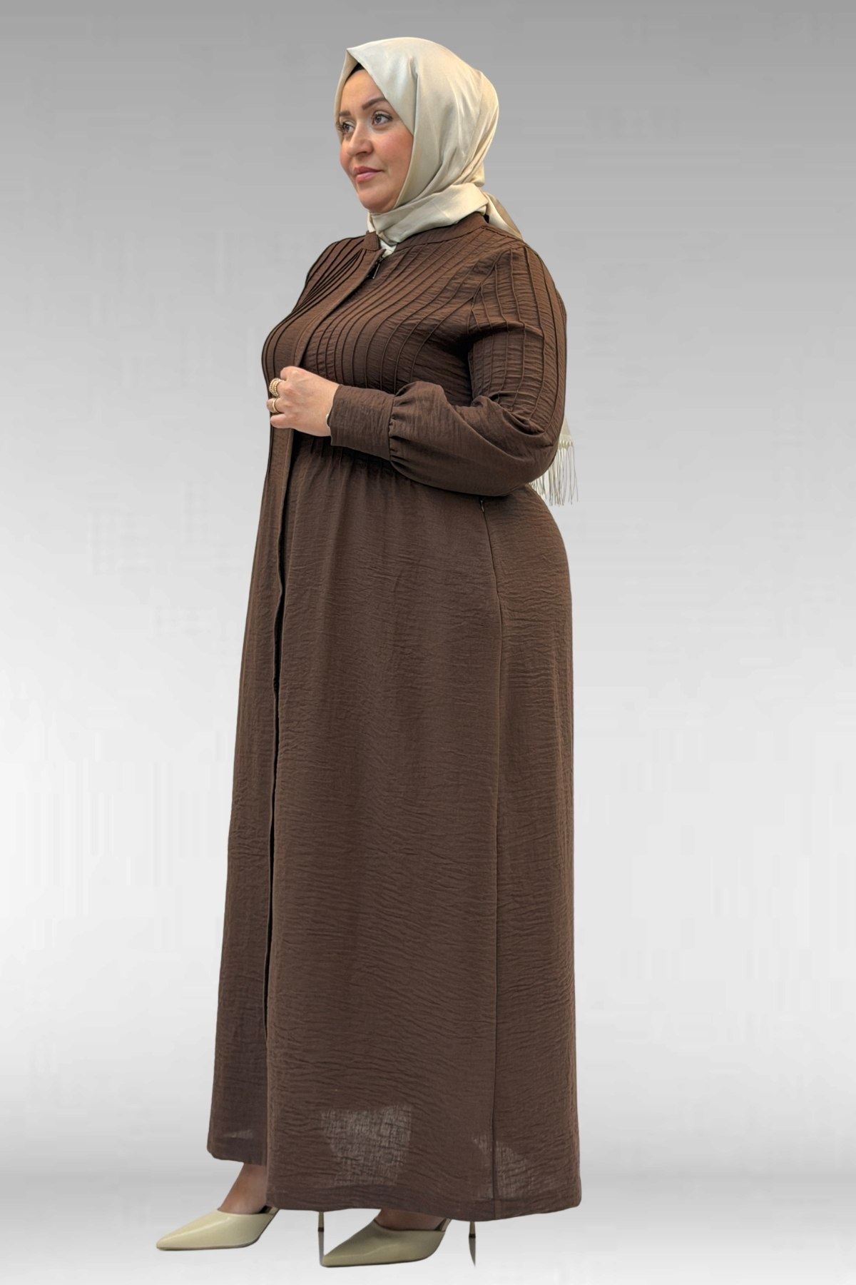 66004 Büyük Beden Pile Detaylı Keten Ferace - Kahve