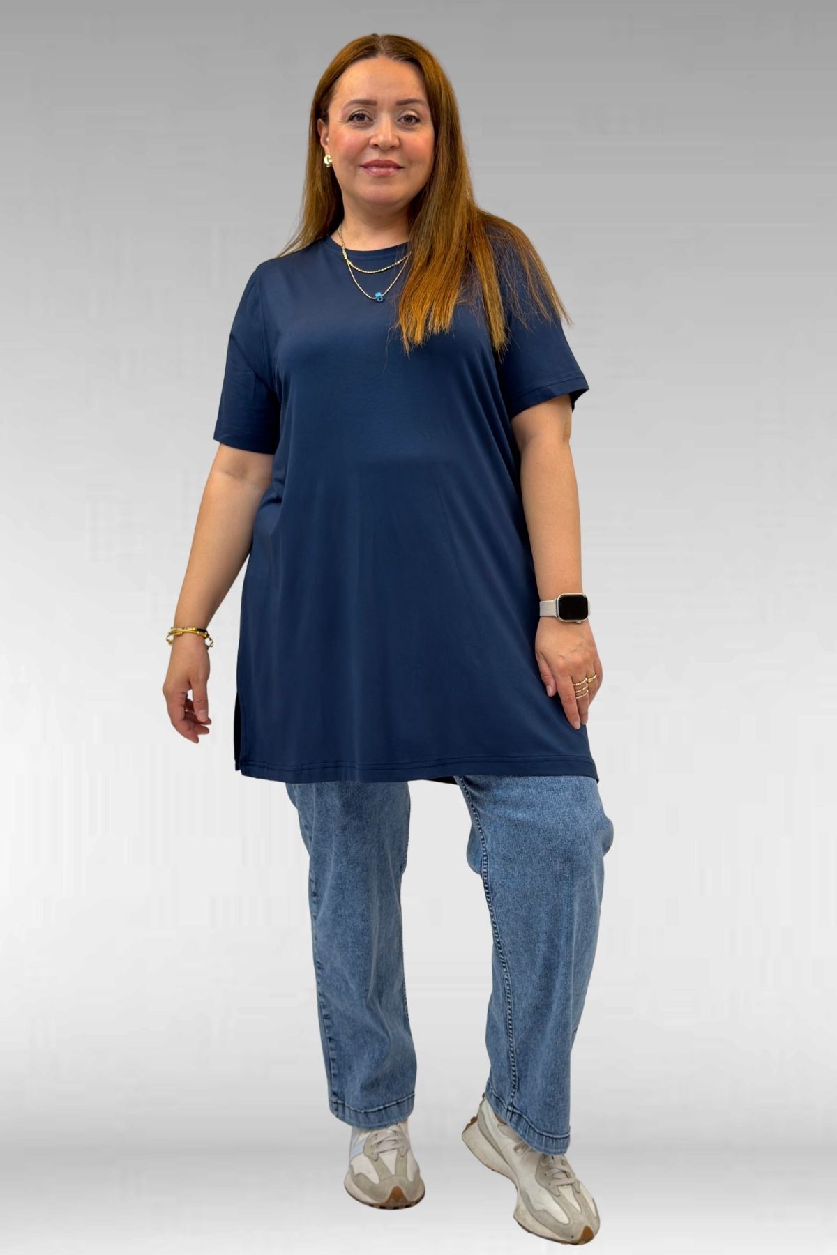 58507 Büyük Beden Yakası Biyeli Penye Tişört - Petrol