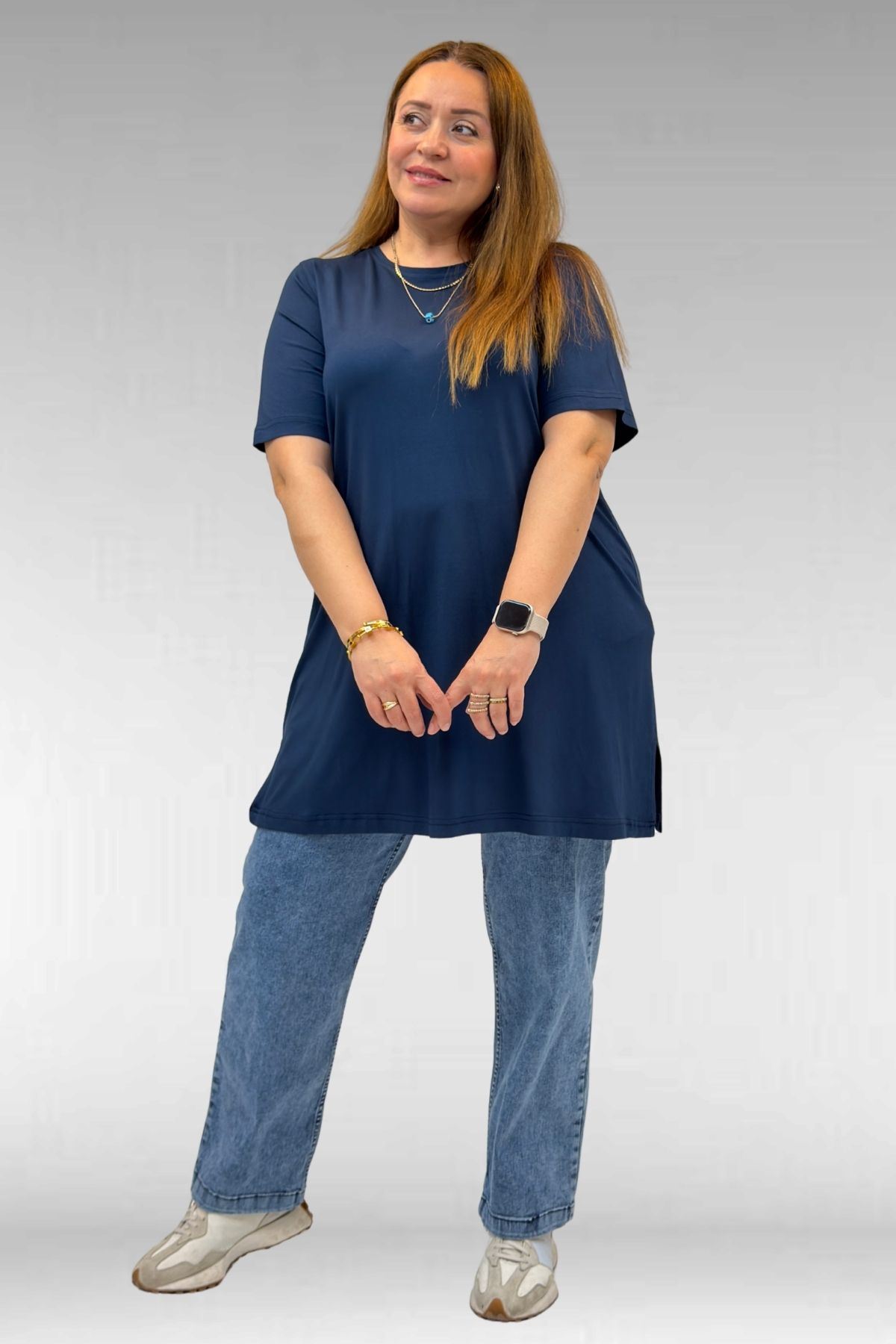 58507 Büyük Beden Yakası Biyeli Penye Tişört - Petrol