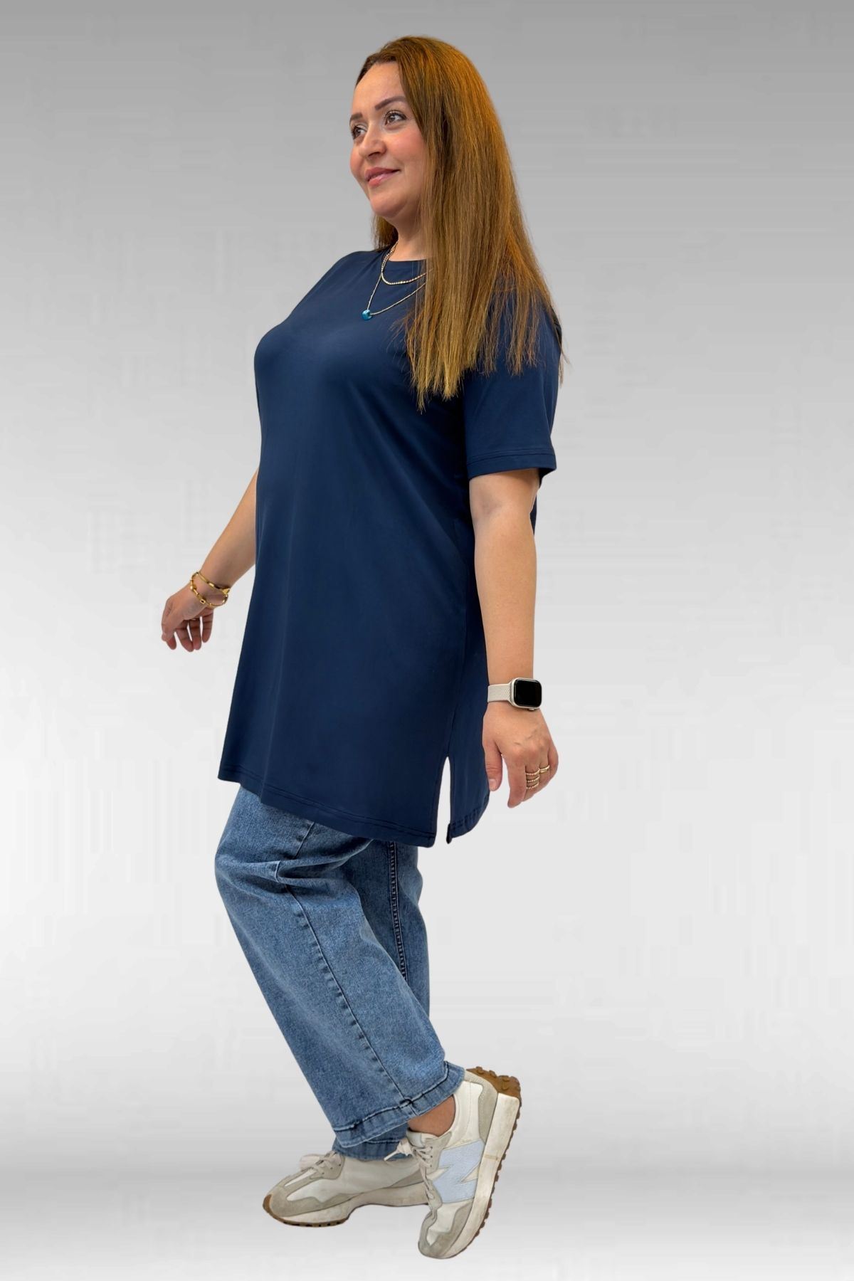 58507 Büyük Beden Yakası Biyeli Penye Tişört - Petrol