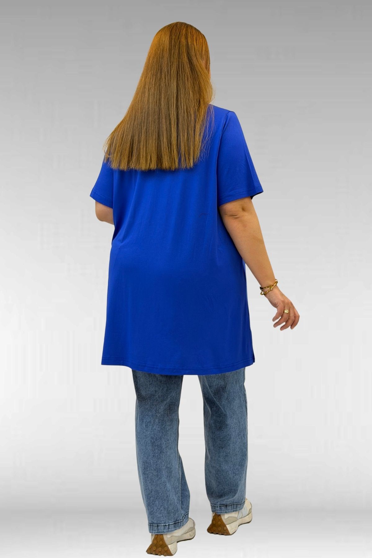 58507 Büyük Beden Yakası Biyeli Penye Tişört - Saks