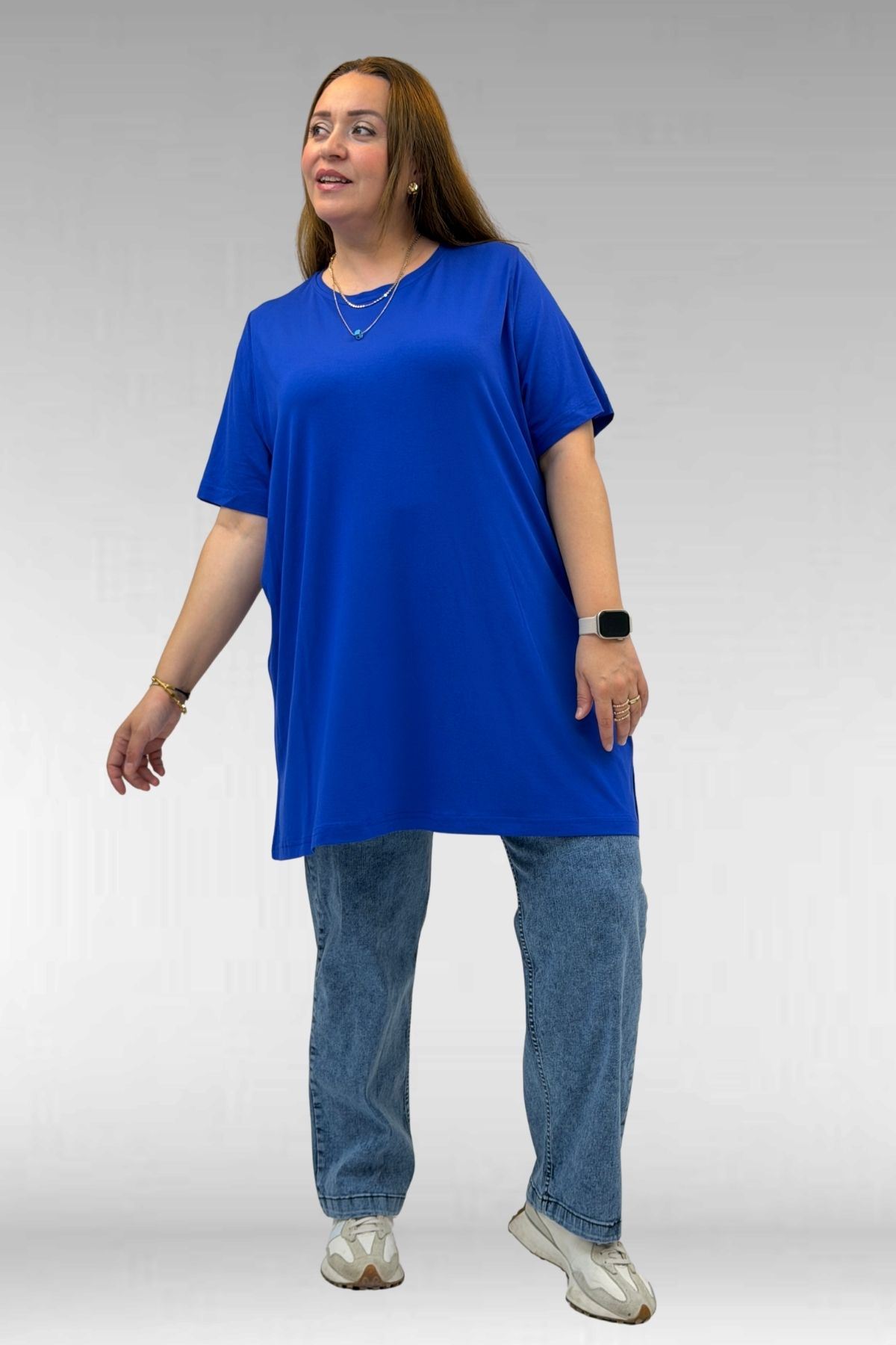 58507 Büyük Beden Yakası Biyeli Penye Tişört - Saks