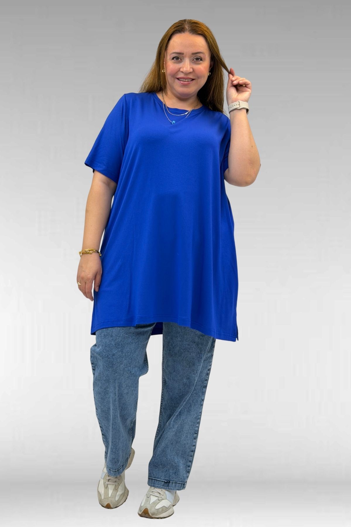 58507 Büyük Beden Yakası Biyeli Penye Tişört - Saks