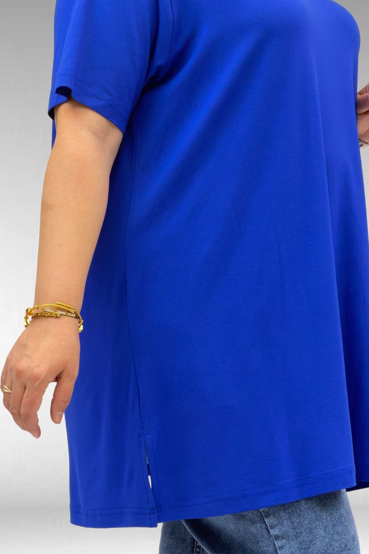 58507 Büyük Beden Yakası Biyeli Penye Tişört - Saks