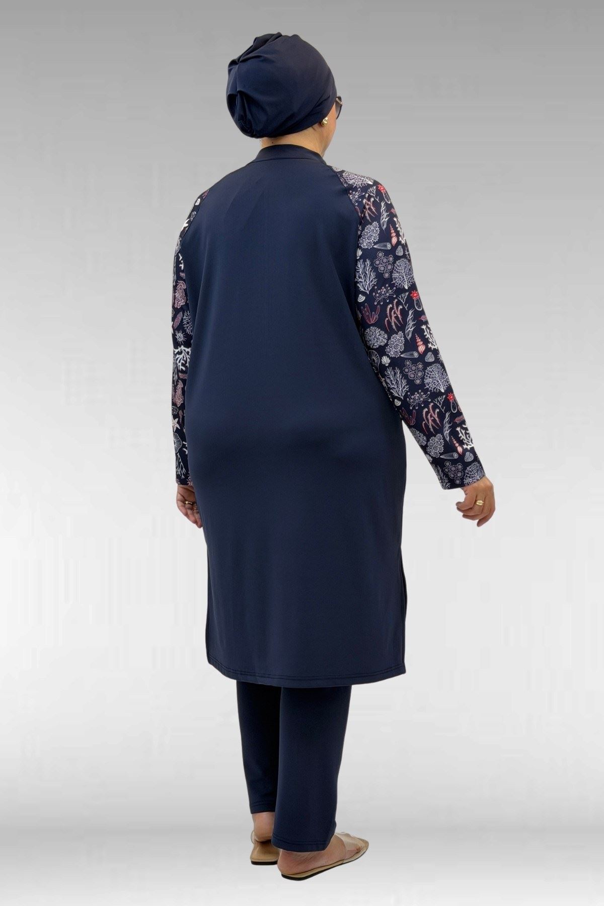 1733 Büyük Beden Fermuarlı Tesettür Mayo - Karışık Desen Laci-Laci