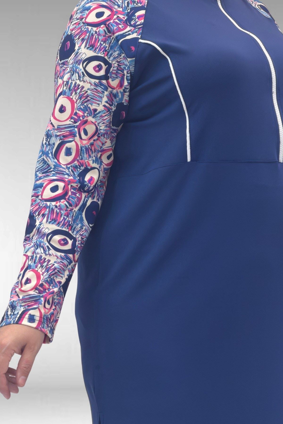 1733 Büyük Beden Fermuarlı Tesettür Mayo - Göz Desen İndigo-İndigo