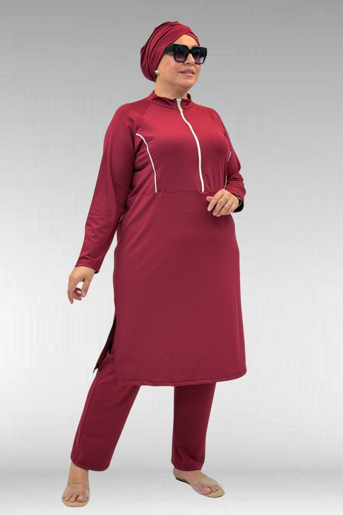 1733 Büyük Beden Fermuarlı Tesettür Mayo - Bordo