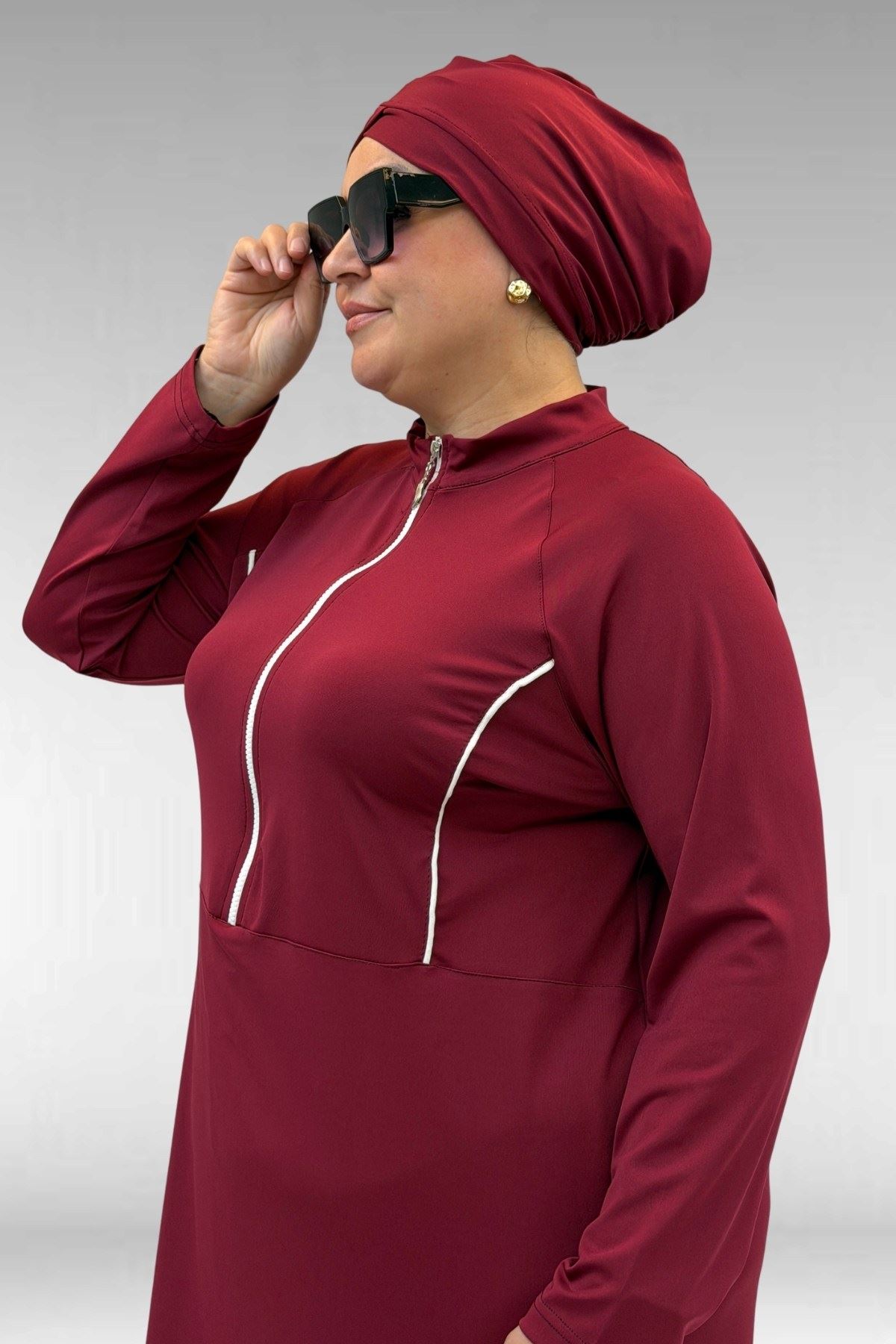 1733 Büyük Beden Fermuarlı Tesettür Mayo - Bordo