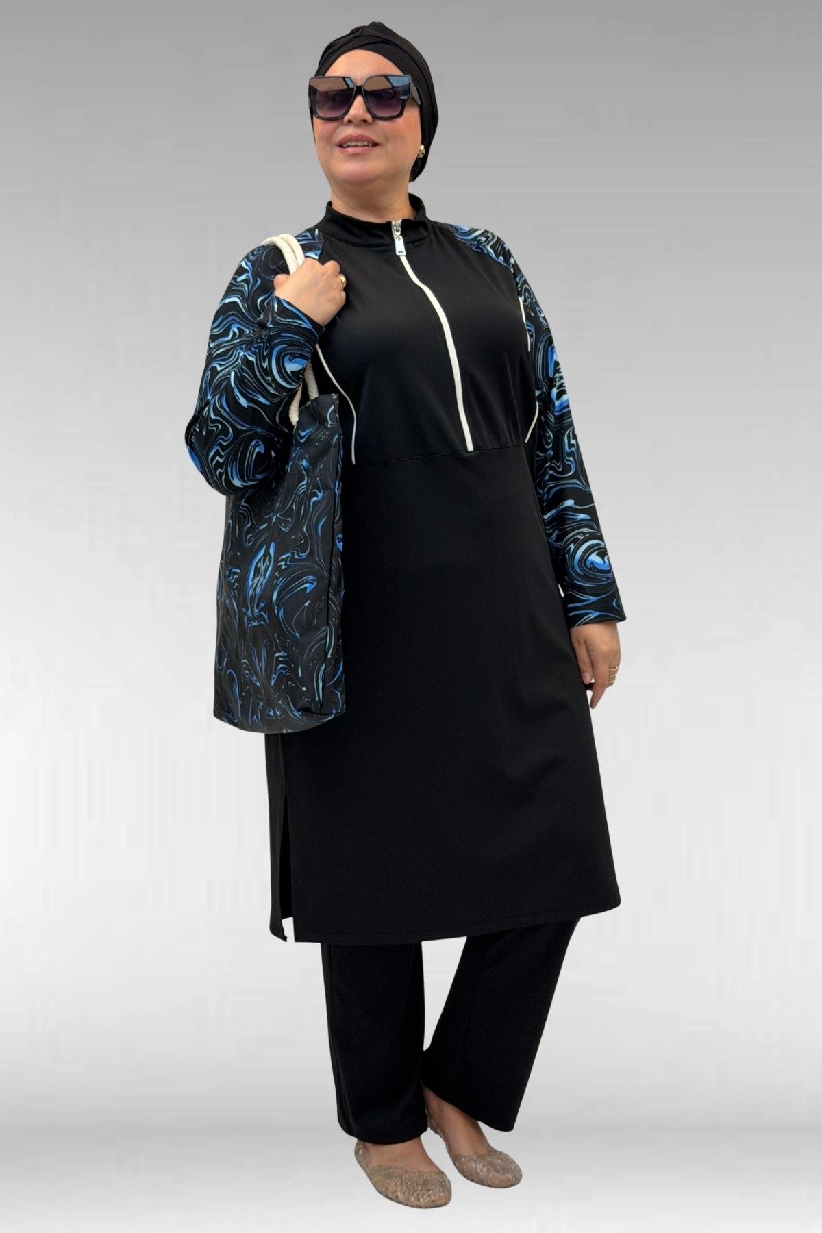 1733 Büyük Beden Fermuarlı Tesettür Mayo - Aqua Mavi-Siyah