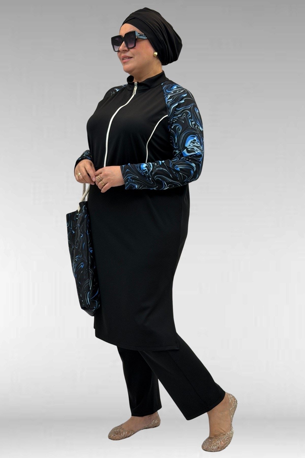 1733 Büyük Beden Fermuarlı Tesettür Mayo - Aqua Mavi-Siyah