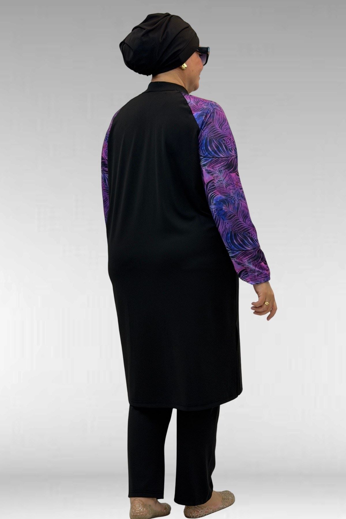 1733 Büyük Beden Fermuarlı Tesettür Mayo - Yaprak Desen Mor-Siyah