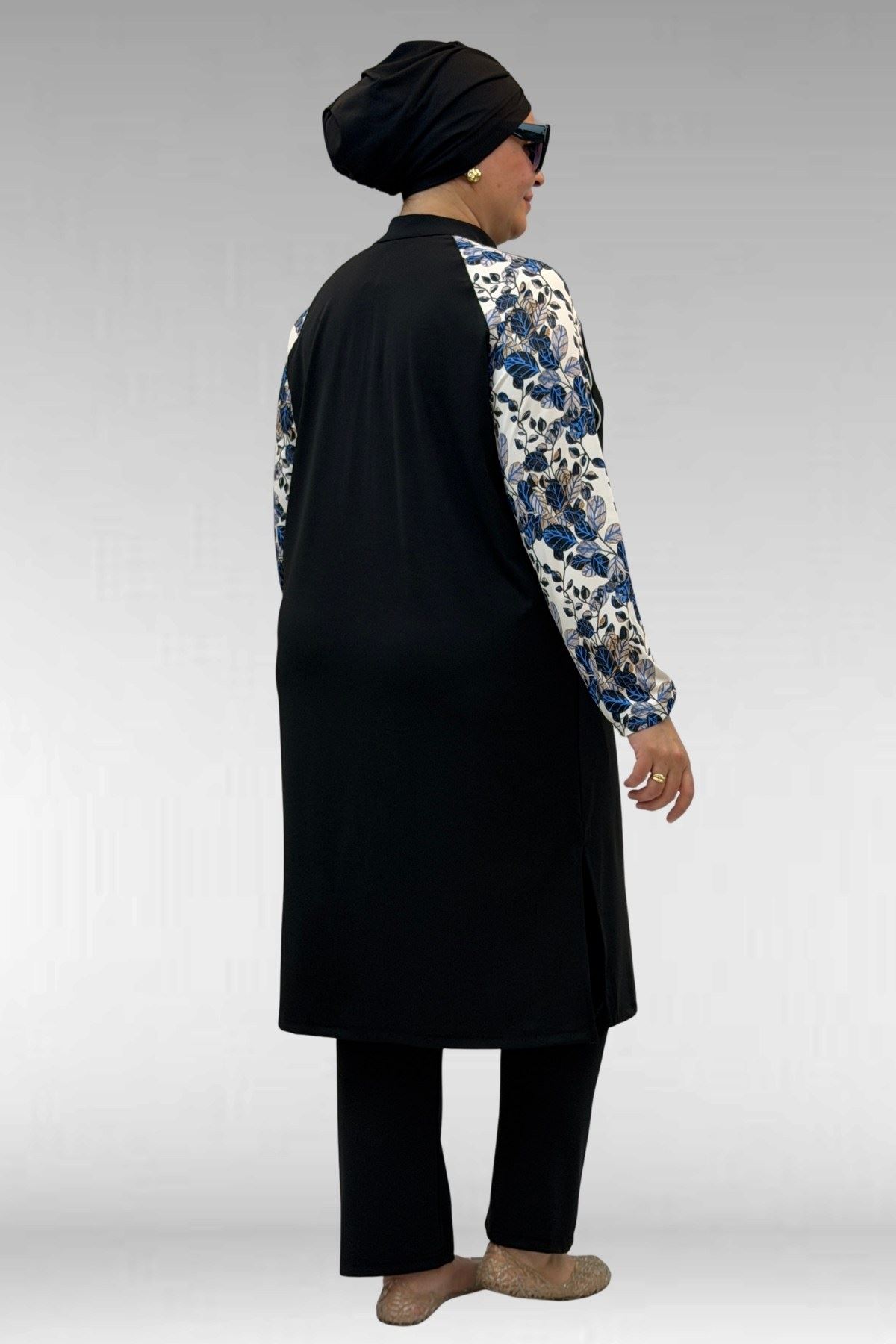 1733 Büyük Beden Fermuarlı Tesettür Mayo - Yaprak Desen Mavi-Siyah