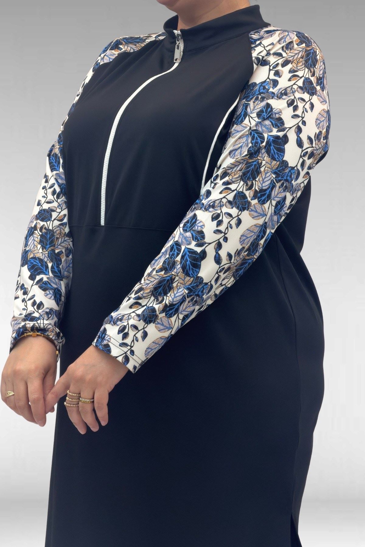 1733 Büyük Beden Fermuarlı Tesettür Mayo - Yaprak Desen Mavi-Siyah