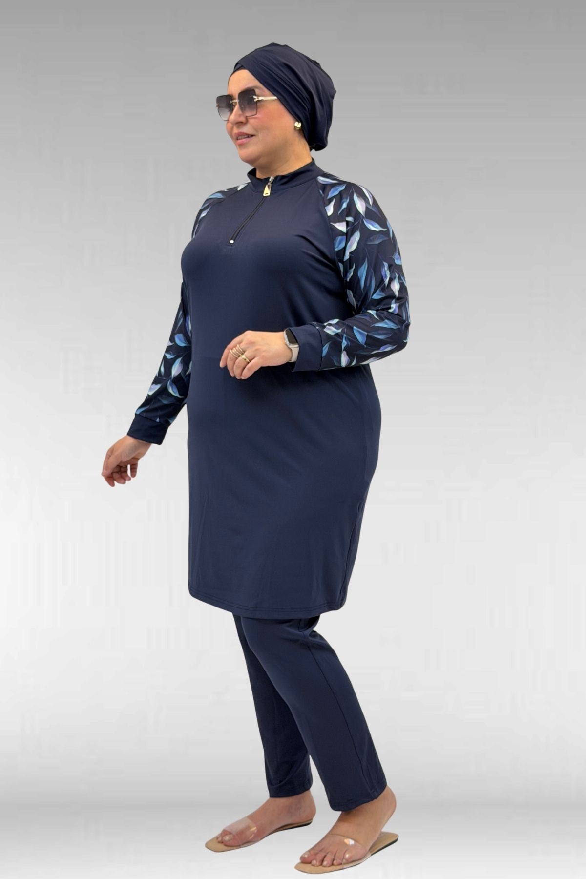 1732 Büyük Beden Balıkçı Yaka Fermuarlı Mayo - Laci Yaprak Desenli-Laci