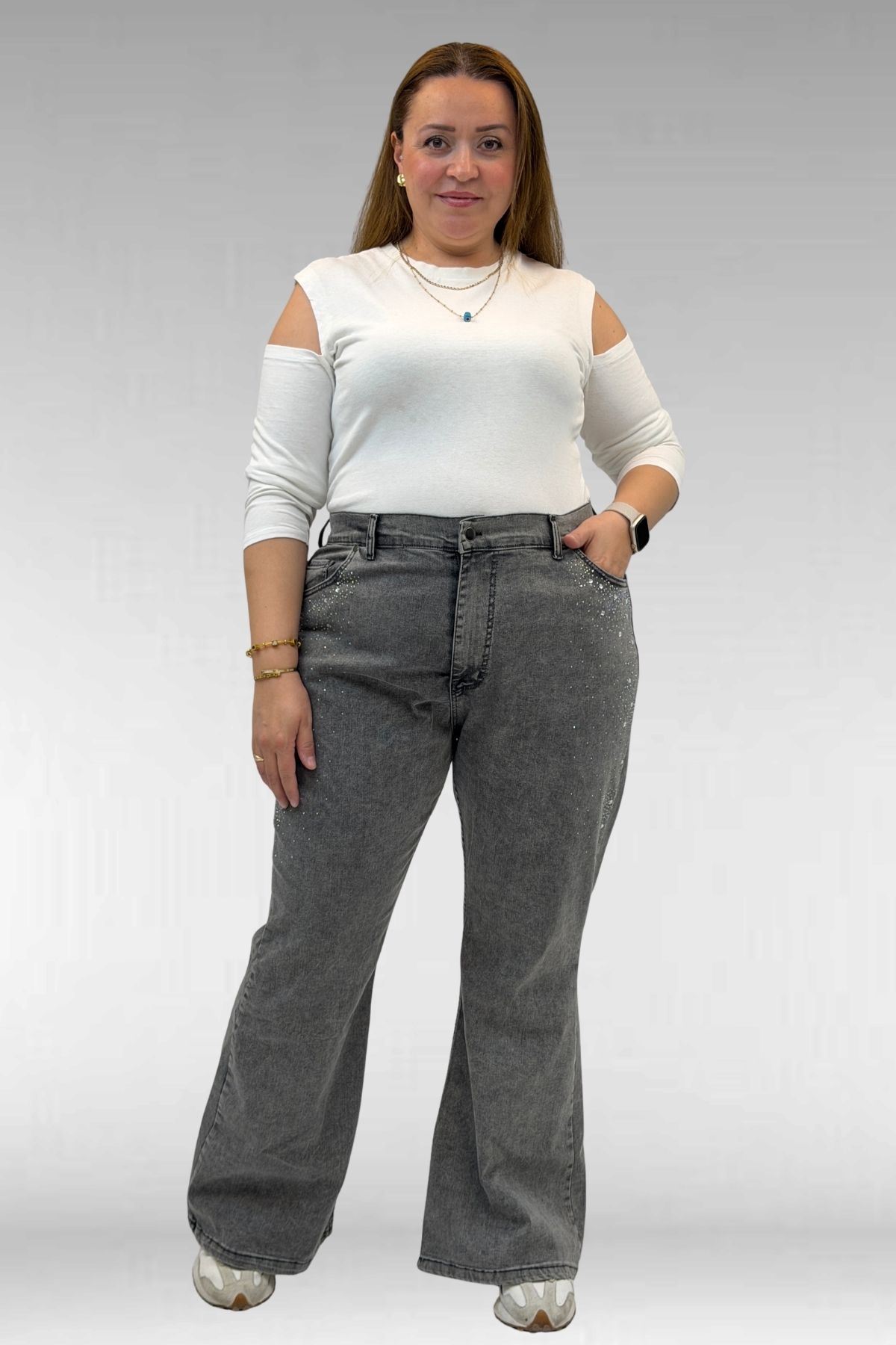 69004 Büyük Beden Yanları Taşlı İspanyol Kot Pantolon - Siyah