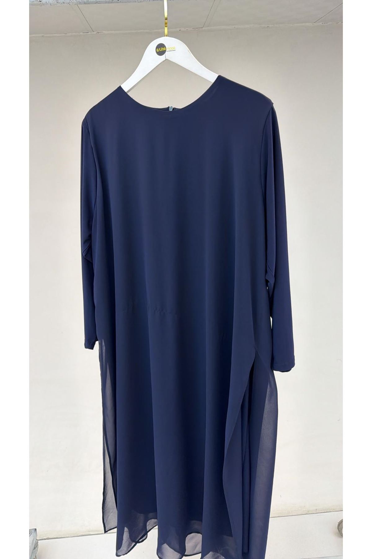 T-1121 Büyük Beden Sandy Şifon Elbise - Lacivert