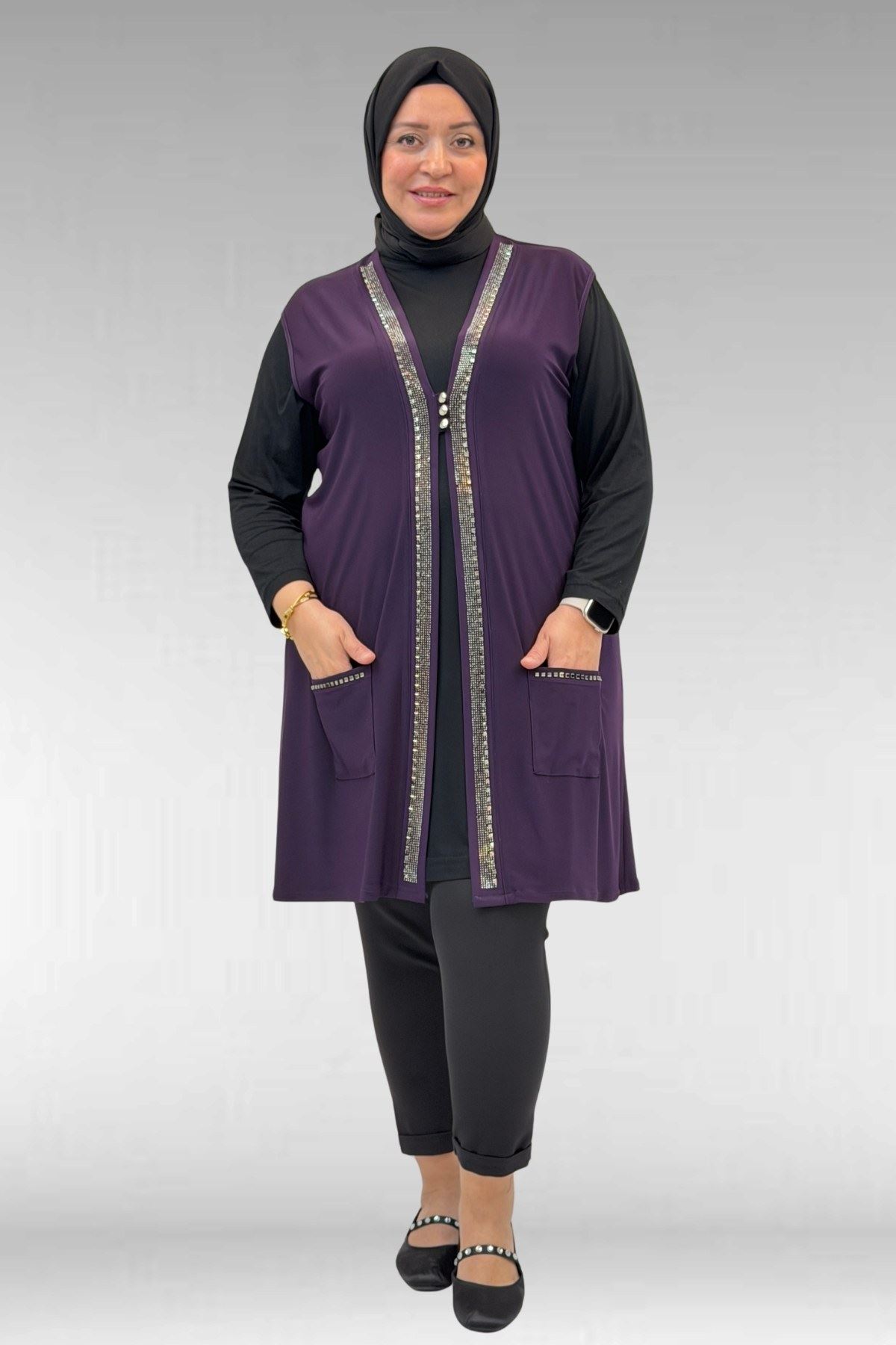 D-44001 Büyük Beden Önü Taş Detaylı Sandy Defolu Yelek - Mor
