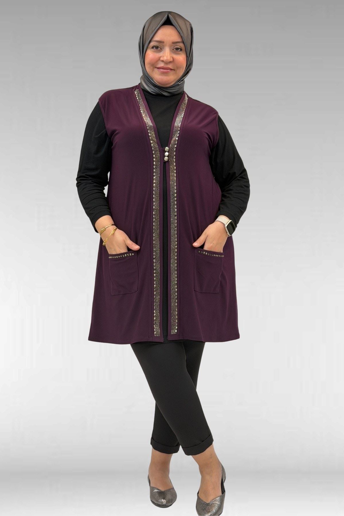 D-44001 Büyük Beden Önü Taş Detaylı Sandy Defolu Yelek - Mürdüm