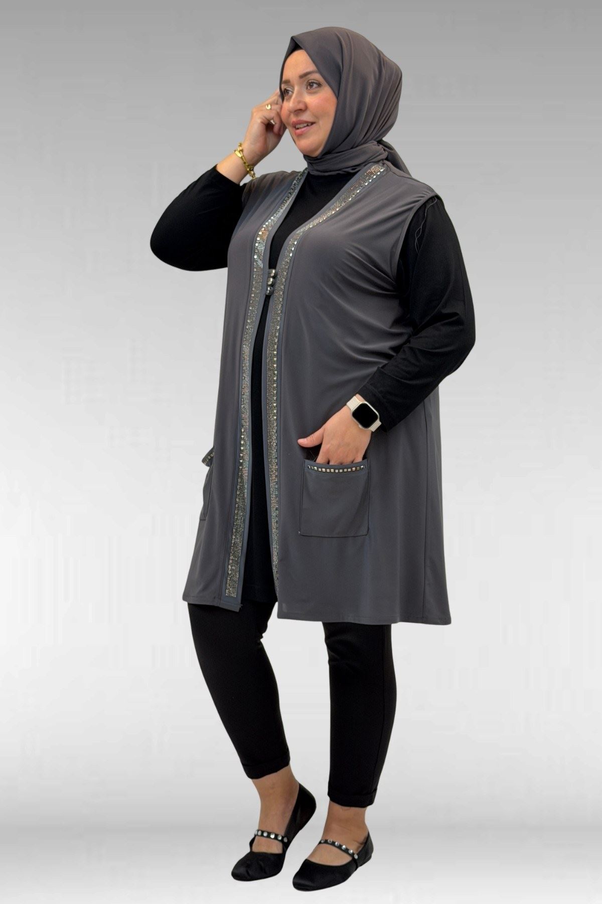 D-44001 Büyük Beden Önü Taş Detaylı Sandy Defolu Yelek - Antrasit