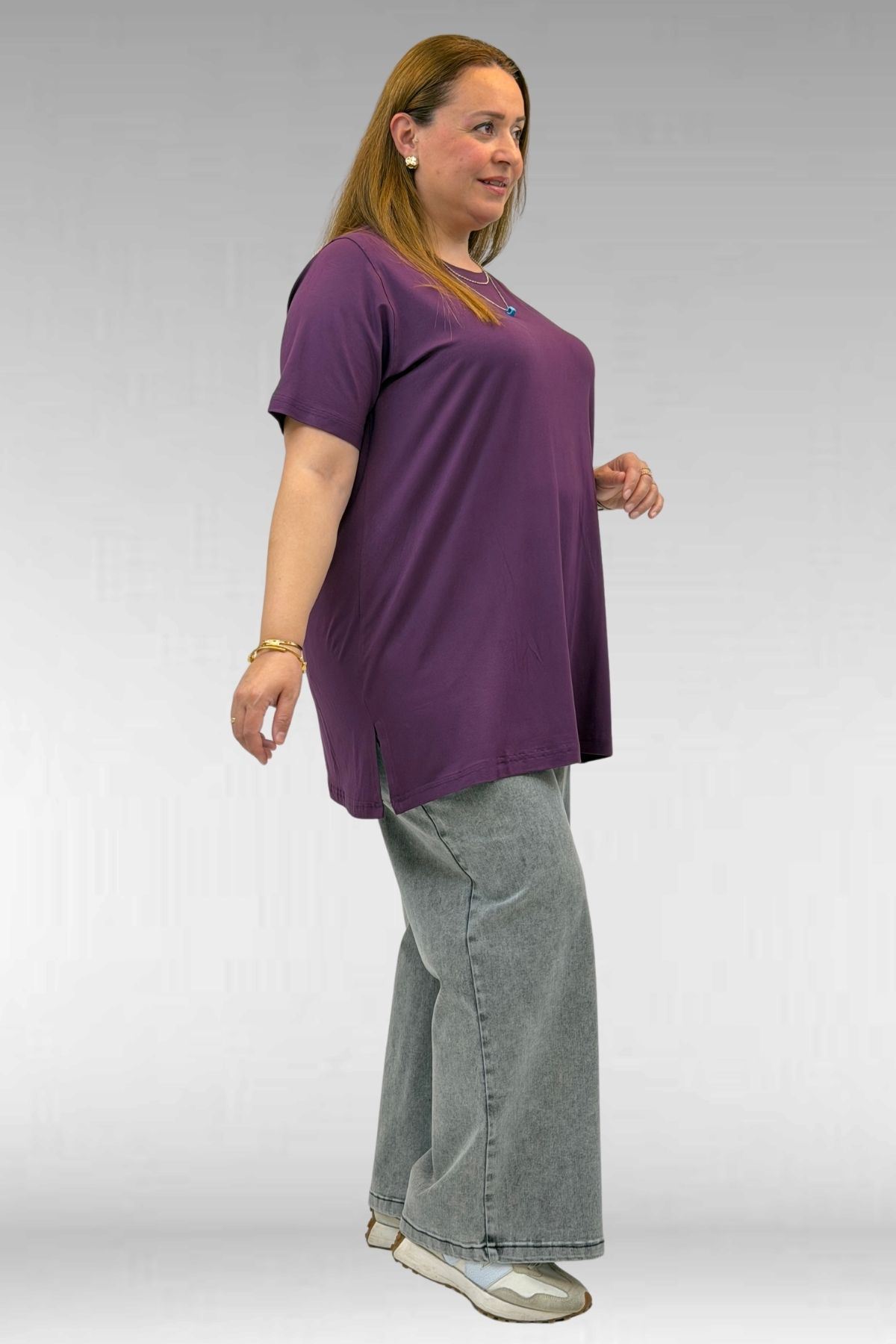 58507 Büyük Beden Yakası Biyeli Penye Tişört - Mürdüm