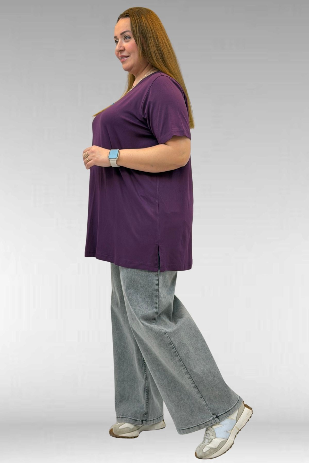 58507 Büyük Beden Yakası Biyeli Penye Tişört - Mürdüm