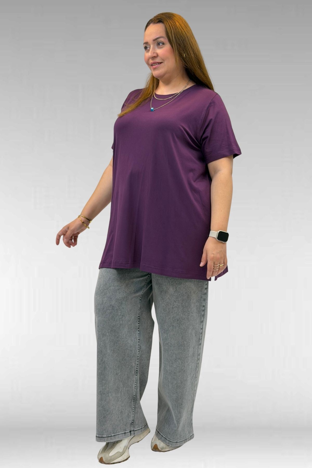 58507 Büyük Beden Yakası Biyeli Penye Tişört - Mürdüm