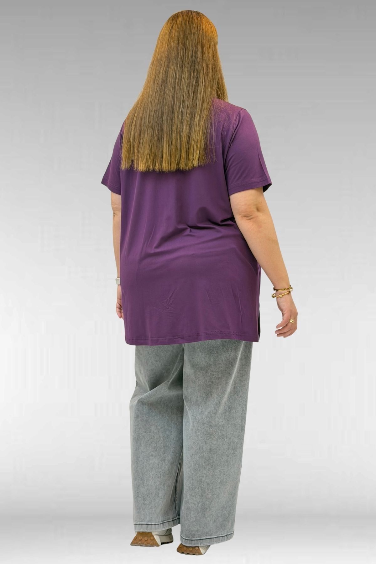 58507 Büyük Beden Yakası Biyeli Penye Tişört - Mürdüm