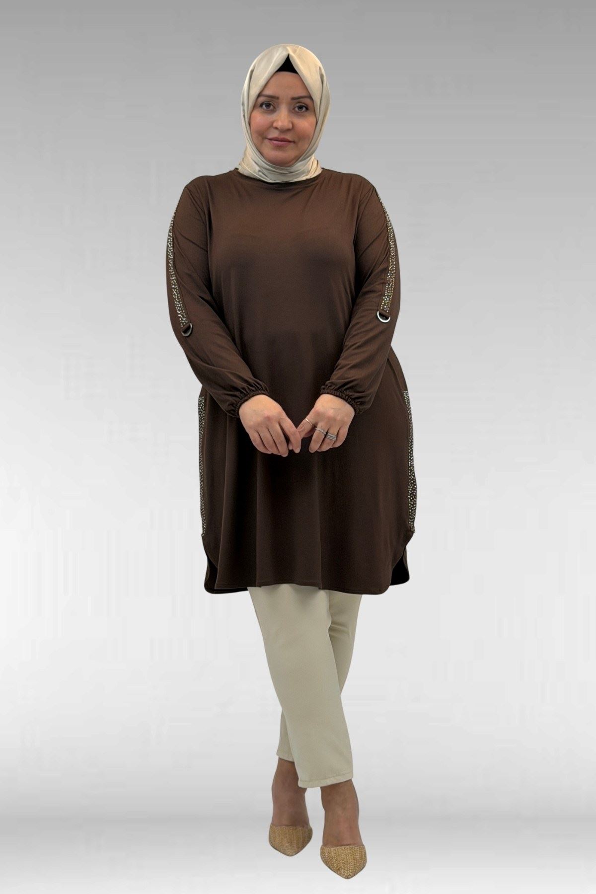 68016 Büyük Beden Yanları Taş Detaylı Penye Tunik - Kahve