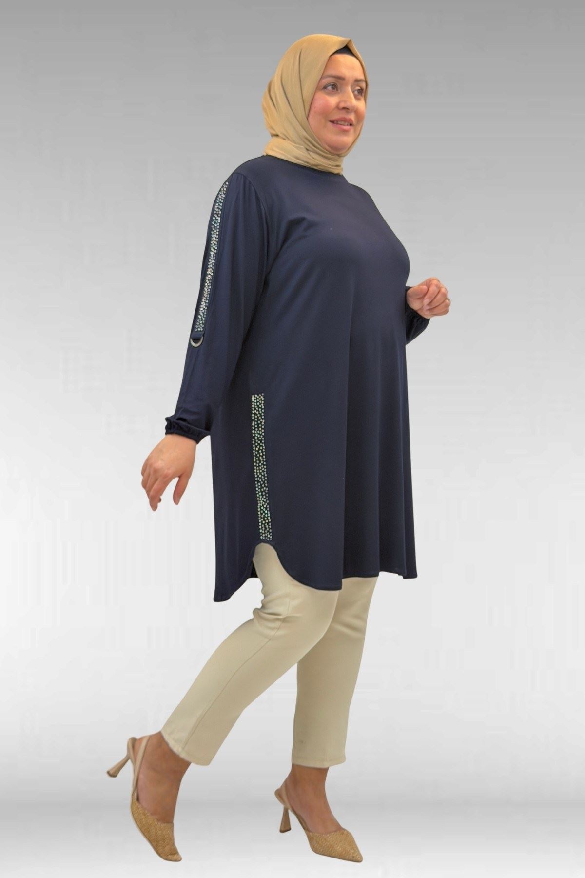 68016 Büyük Beden Yanları Taş Detaylı Penye Tunik - Lacivert