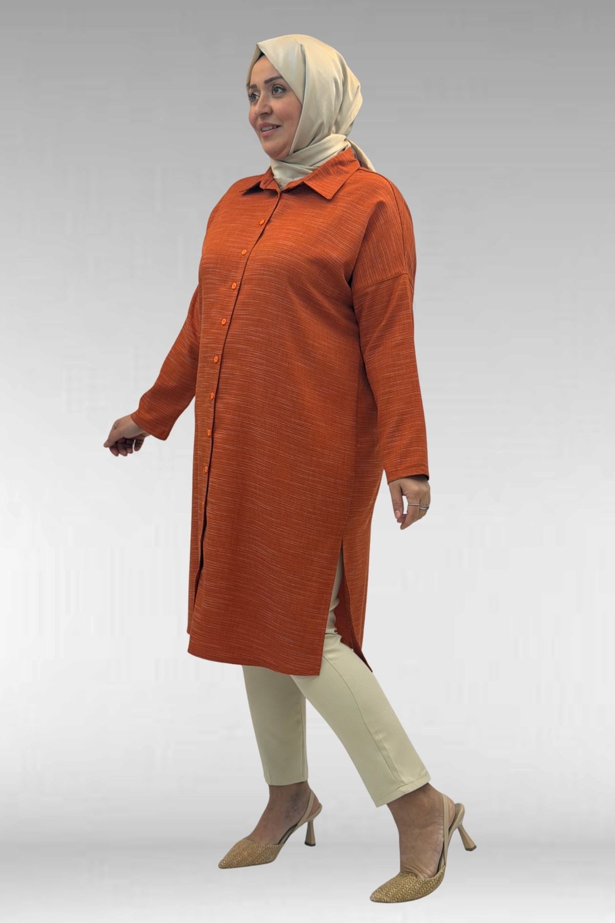 68018 Büyük Beden Düşük Kol Gömlek - Kiremit