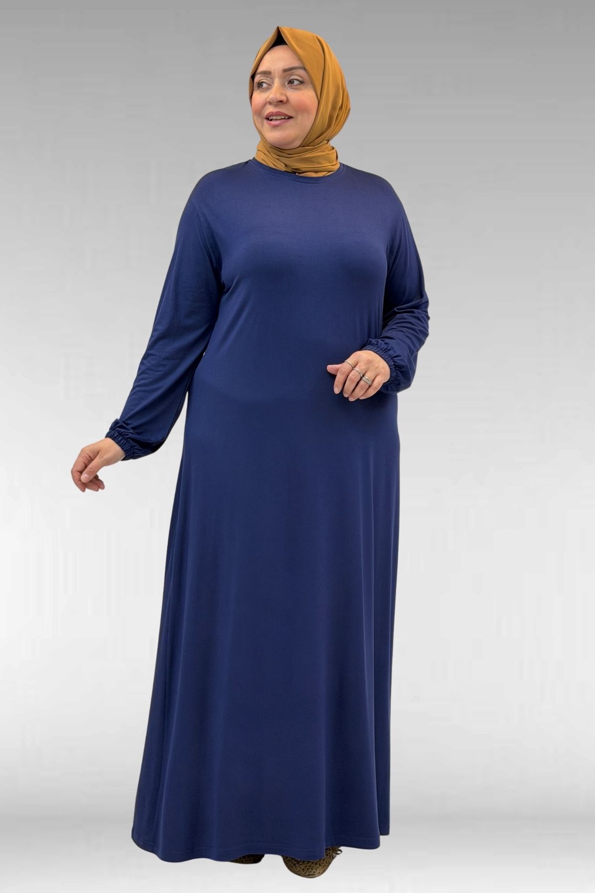 22008 Büyük Beden Kolu Lastikli Penye Elbise - İndigo