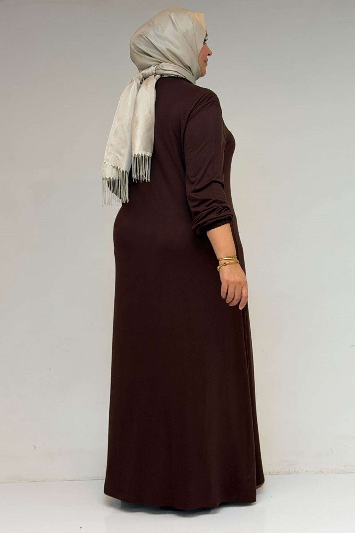 22008 Büyük Beden Kolu Lastikli Penye Elbise - Kahve 