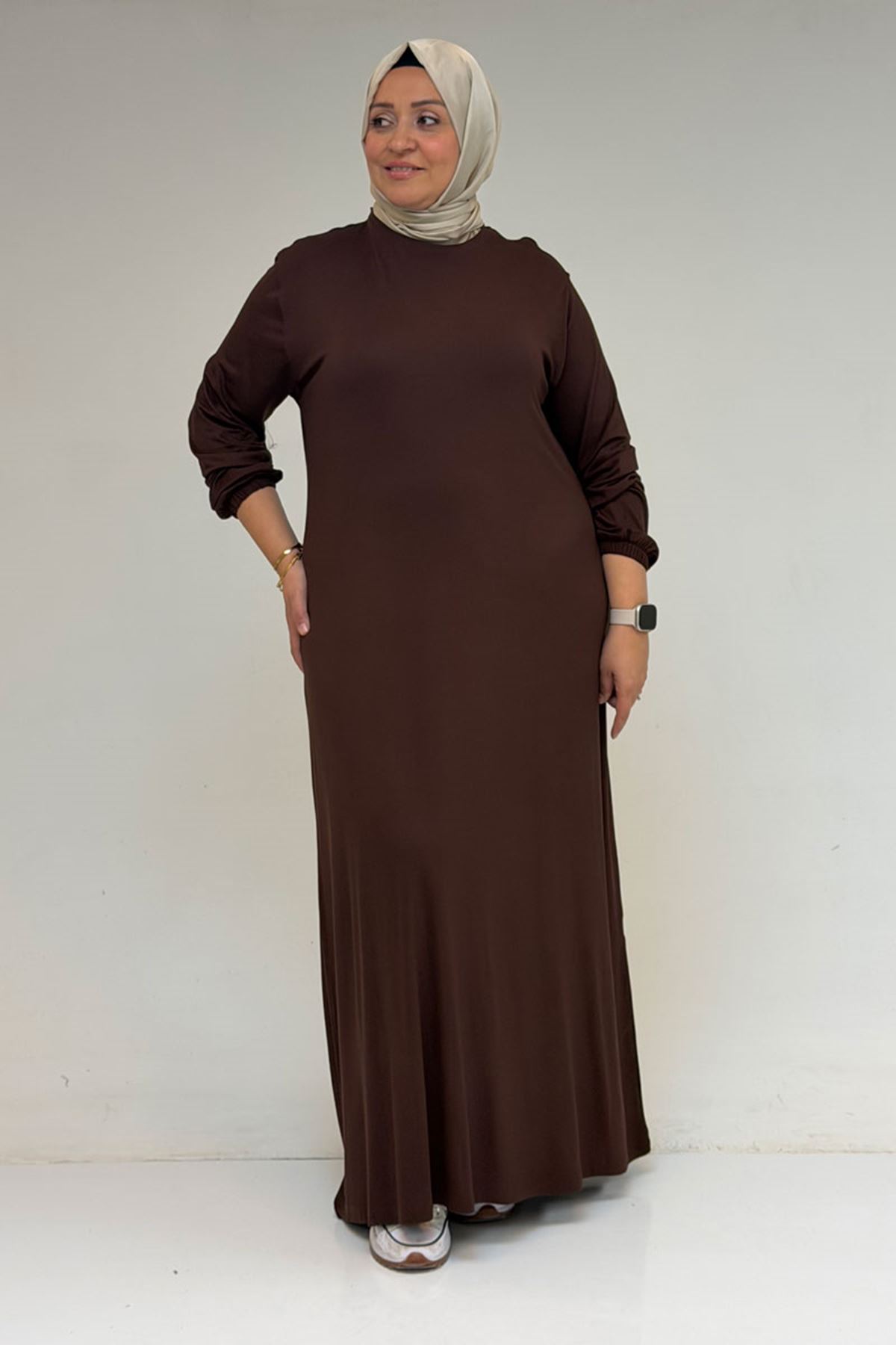 22008 Büyük Beden Kolu Lastikli Penye Elbise - Kahve 