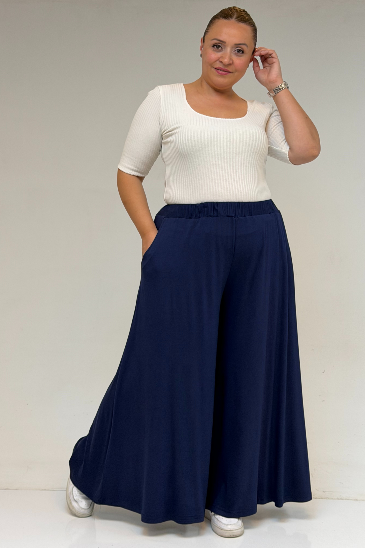 49003 Büyük Beden Beli Lastikli Penye Etek Pantolon - İndigo