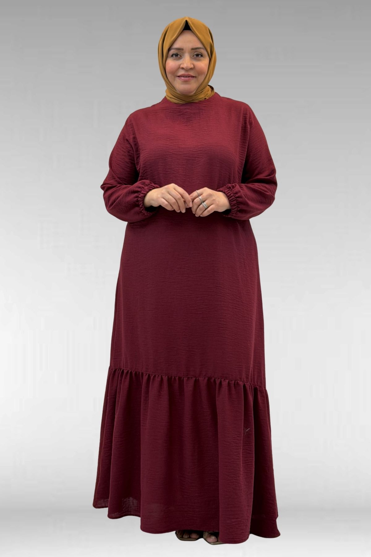 42027 Büyük Beden Eteği Büzgülü  Keten Elbise - Bordo