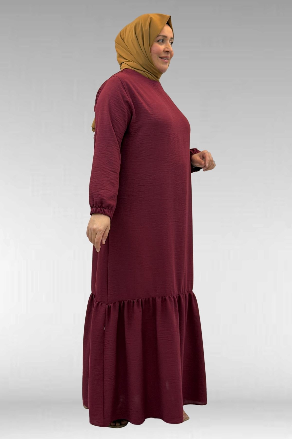 42027 Büyük Beden Eteği Büzgülü  Keten Elbise - Bordo