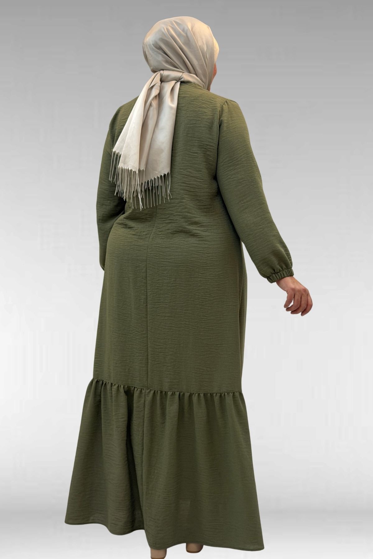 42027 Büyük Beden Eteği Büzgülü  Keten Elbise - Haki