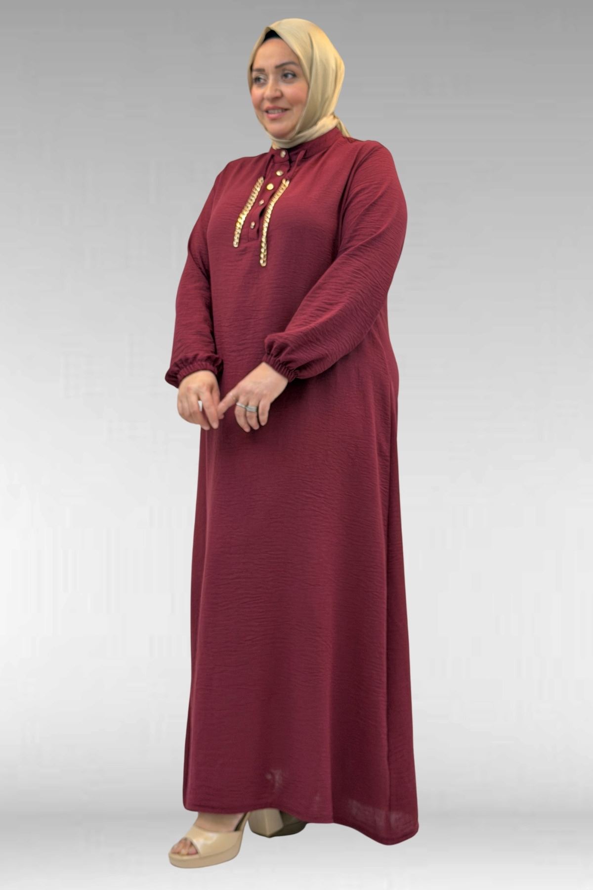 42010 Büyük Beden Keten Airobin Zincir Detaylı Elbise - Bordo