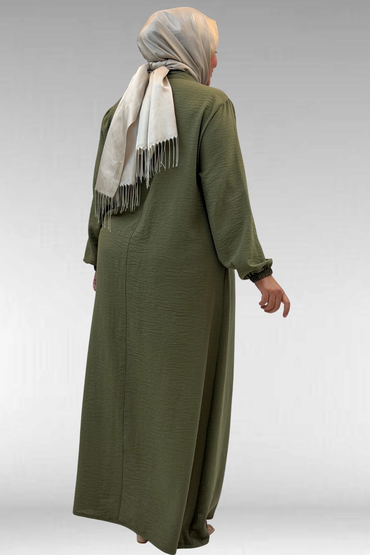 42010 Büyük Beden Keten Airobin Zincir Detaylı Elbise - Haki