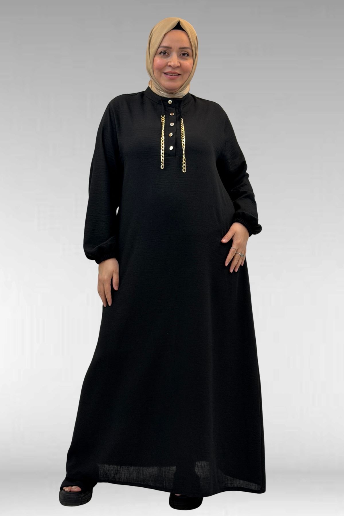 42010 Plus Size Linen Airobin Buttoned Dress-Black
