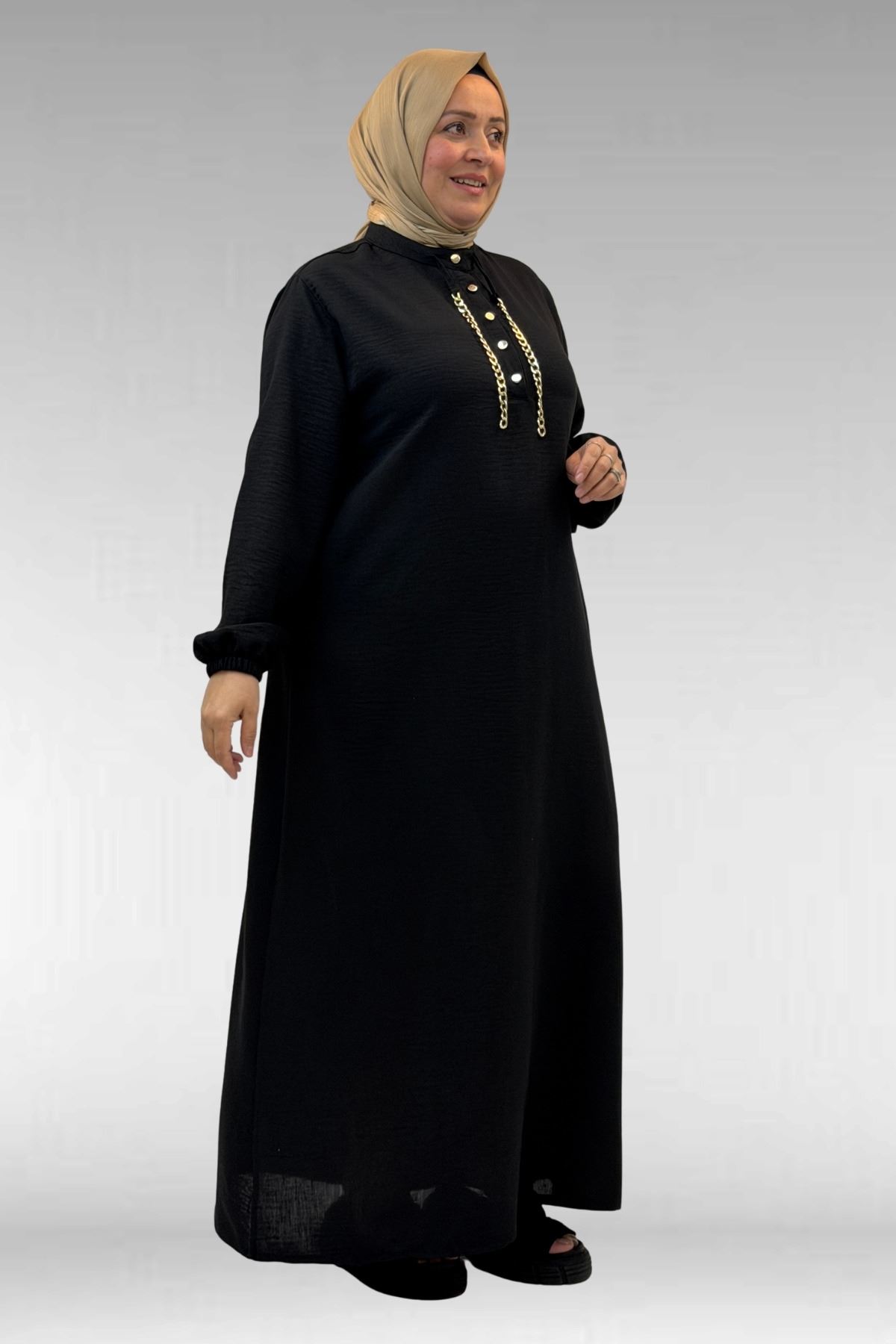 42010 Plus Size Linen Airobin Buttoned Dress-Black