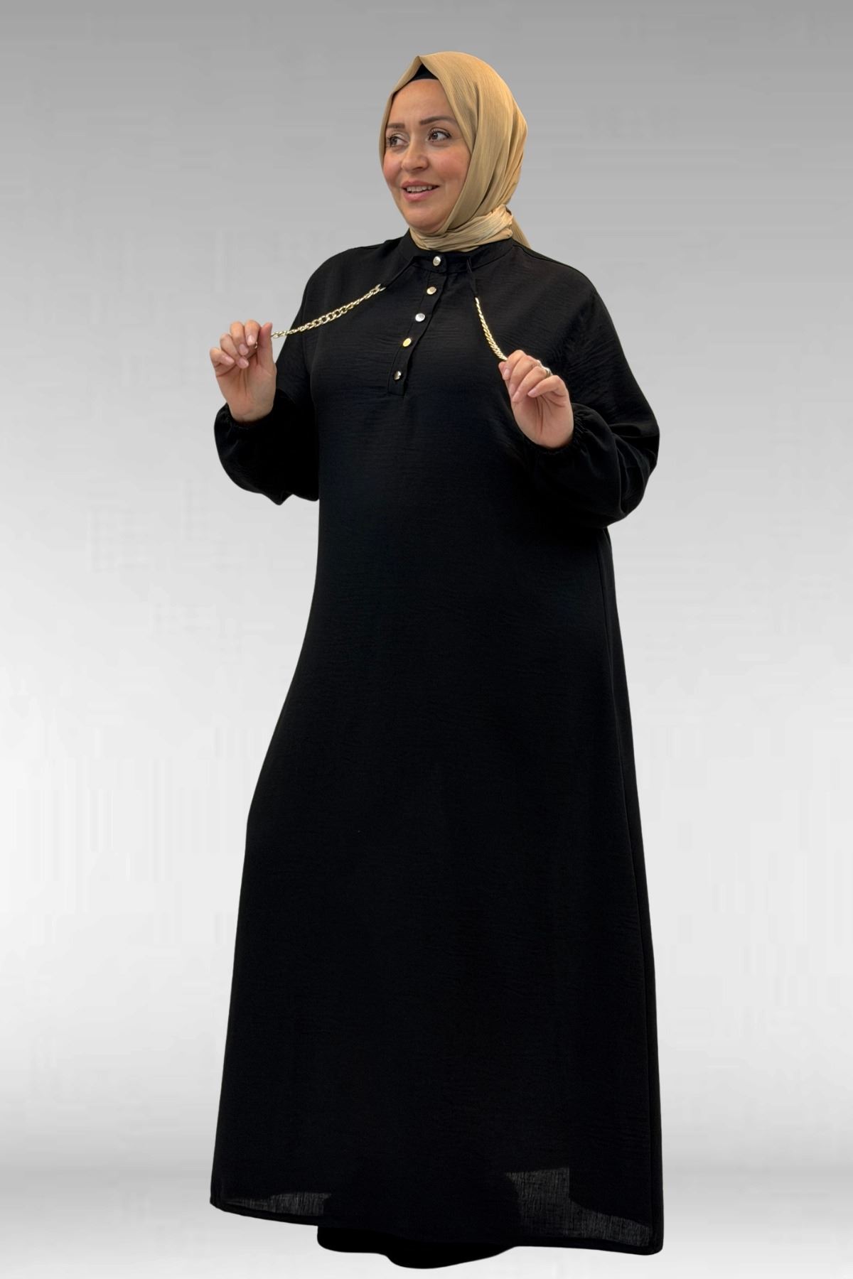 42010 Plus Size Linen Airobin Buttoned Dress-Black