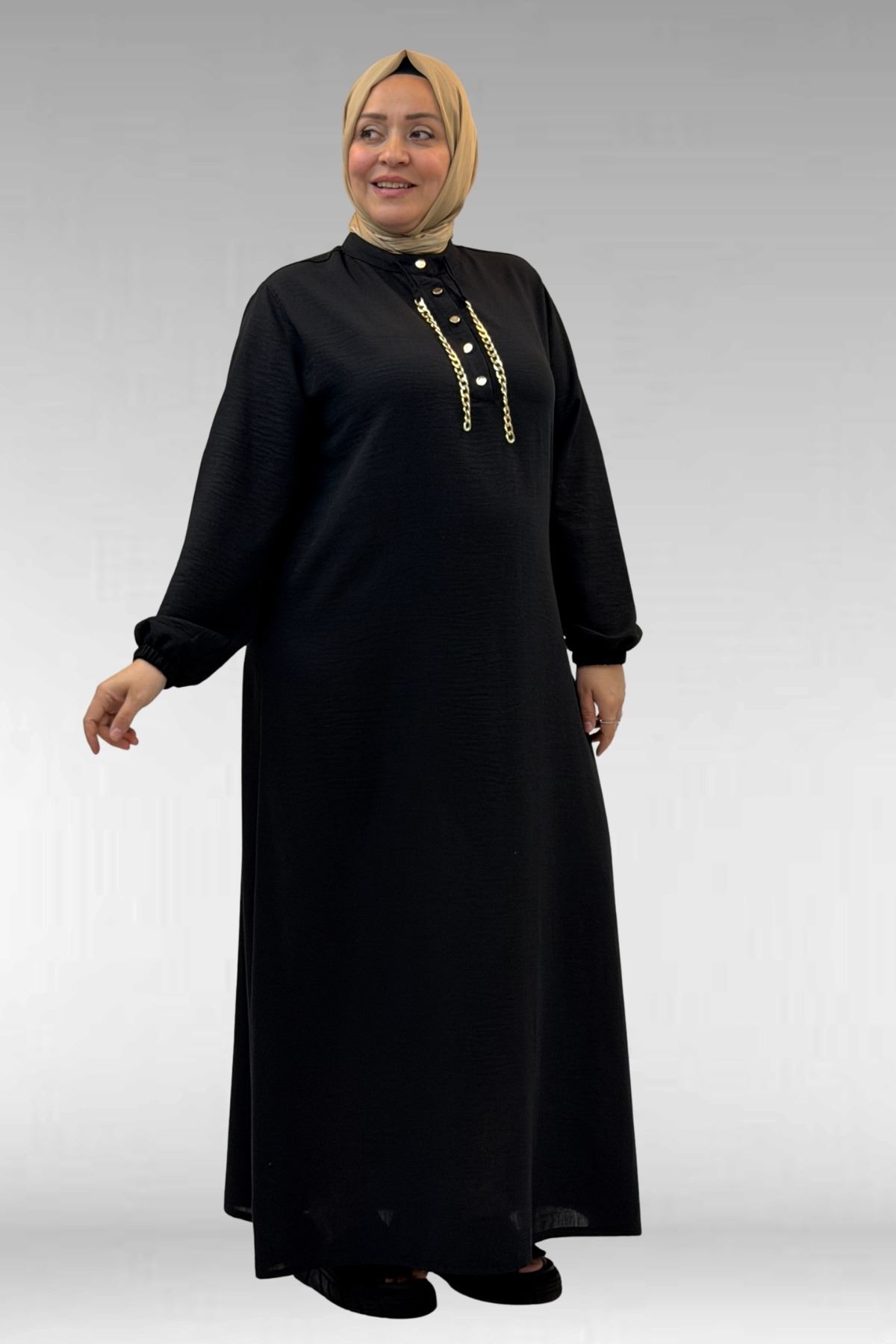 42010 Plus Size Linen Airobin Buttoned Dress-Black