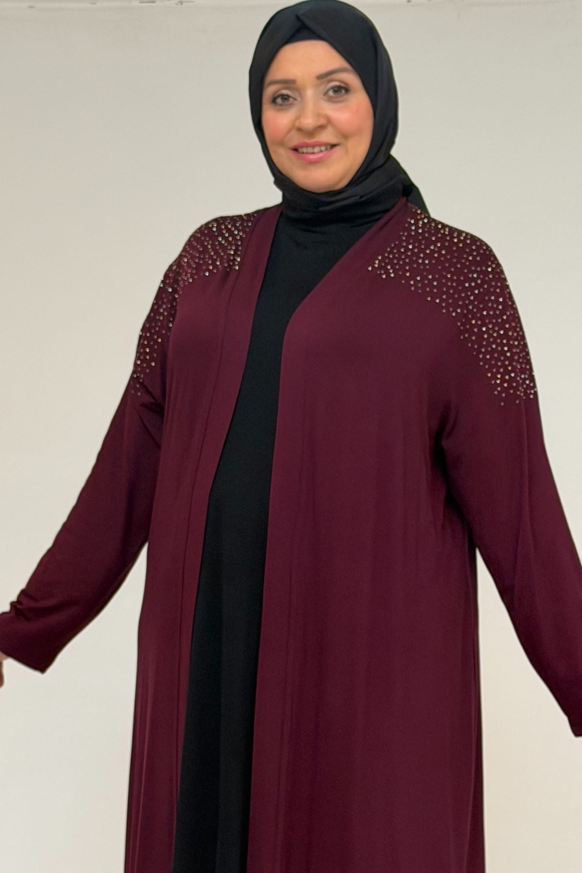 53069 Büyük Beden Omzu Taş Detaylı Penye Ceket - Bordo