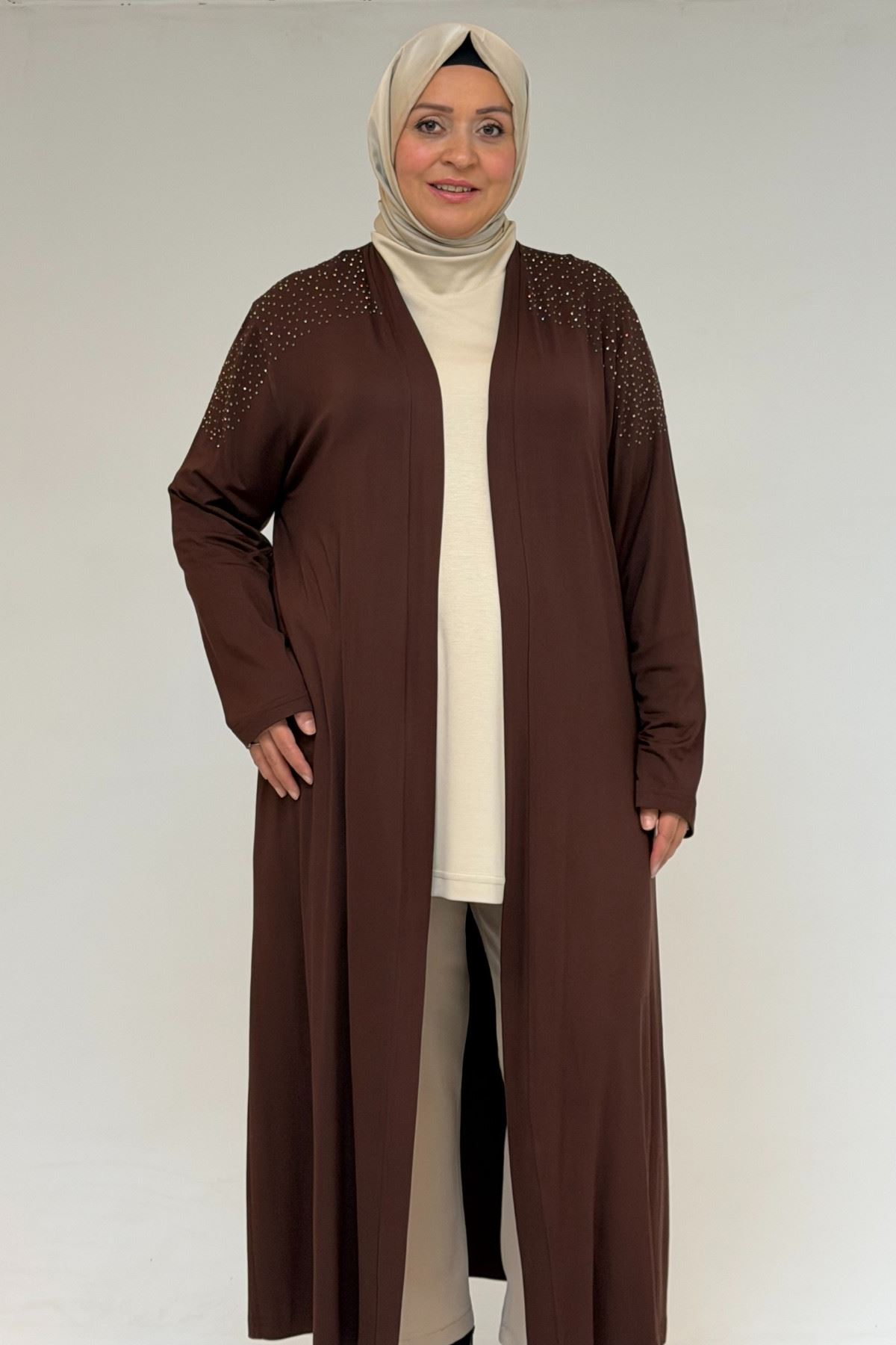 53069 Büyük Beden Omzu Taş Detaylı Penye Ceket - Kahve