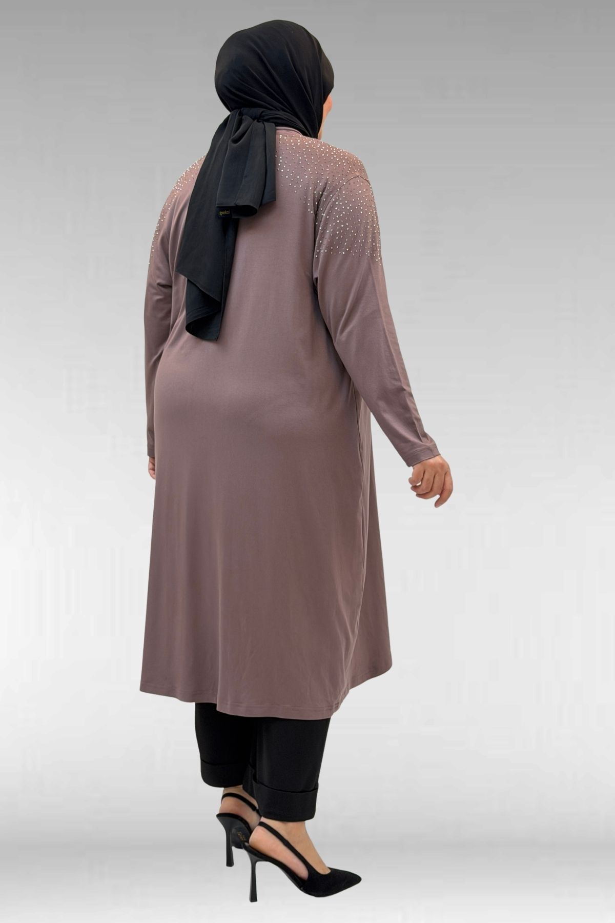 53069 Büyük Beden Omzu Taş Detaylı Penye Ceket - Vizon