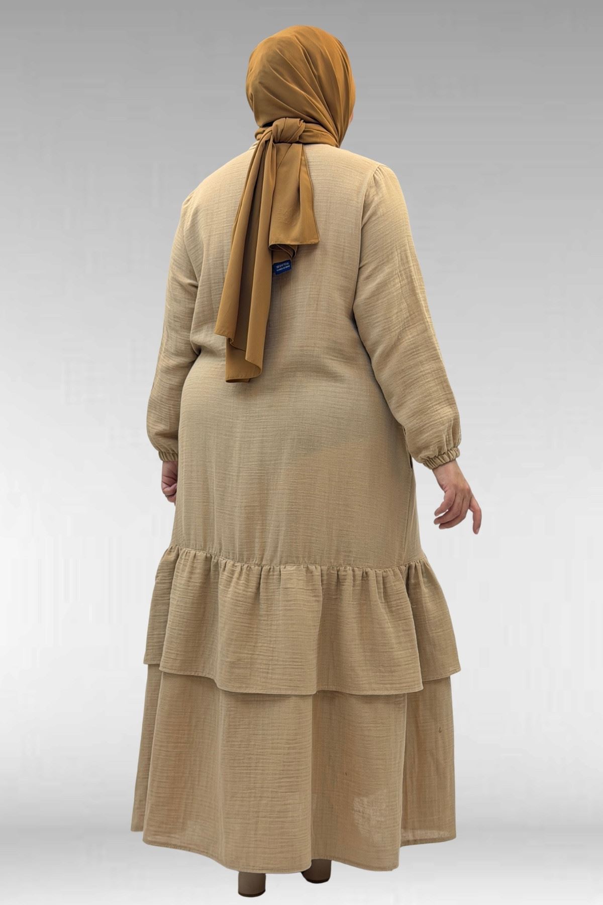 66002 Büyük Beden Eteği Fırfırlı Kolları Lastikli Müslin Ferace - Bej