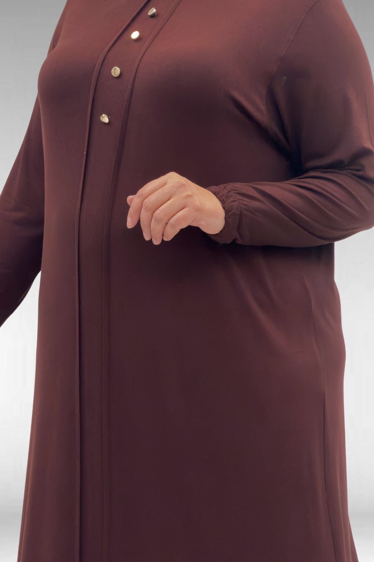 62006 Büyük Beden Önü Çıma Detaylı Penye Elbise - Kahve