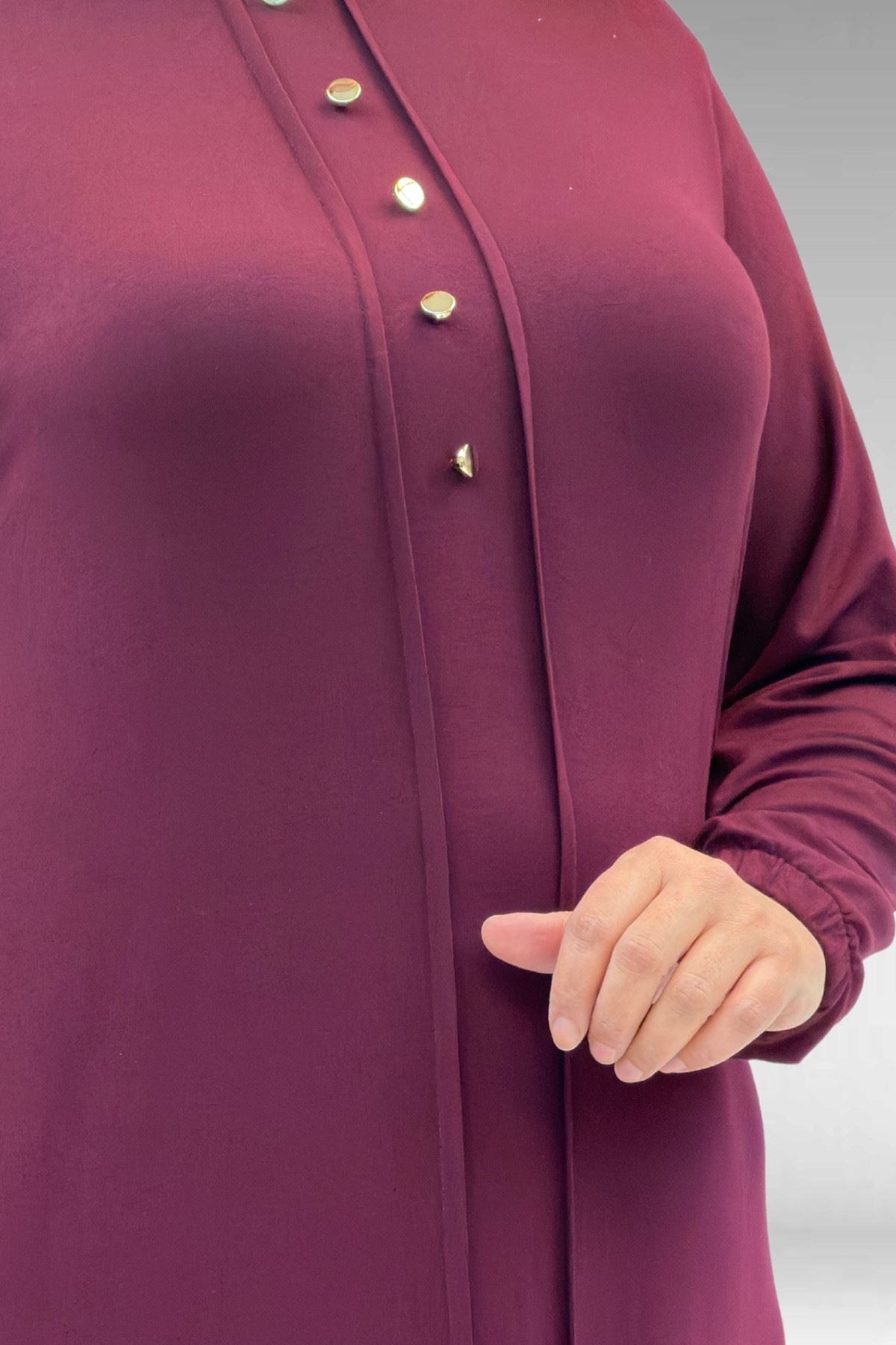 62006 Büyük Beden Önü Çıma Detaylı Penye Elbise - Bordo